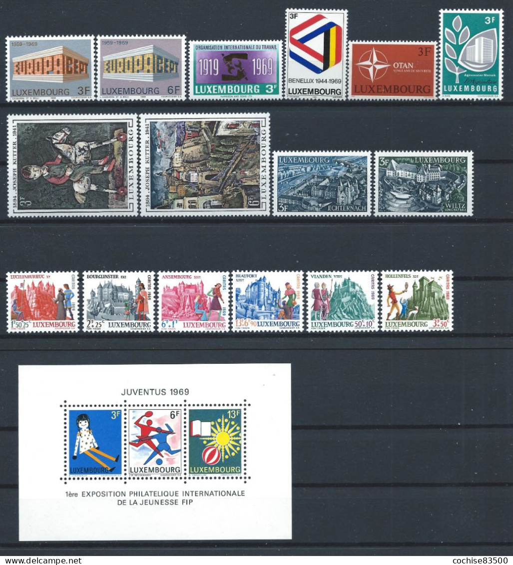 Luxembourg Lot 16 TP + 1 Bloc Neuf** (MNH) Année 1969 - Années Complètes