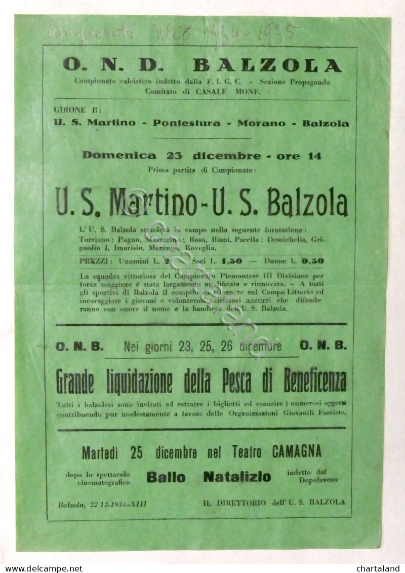 Calcio Locandina Prima Partita Di Campionato U.S. Martino - U.S. Balzola - 1934 - Altri & Non Classificati
