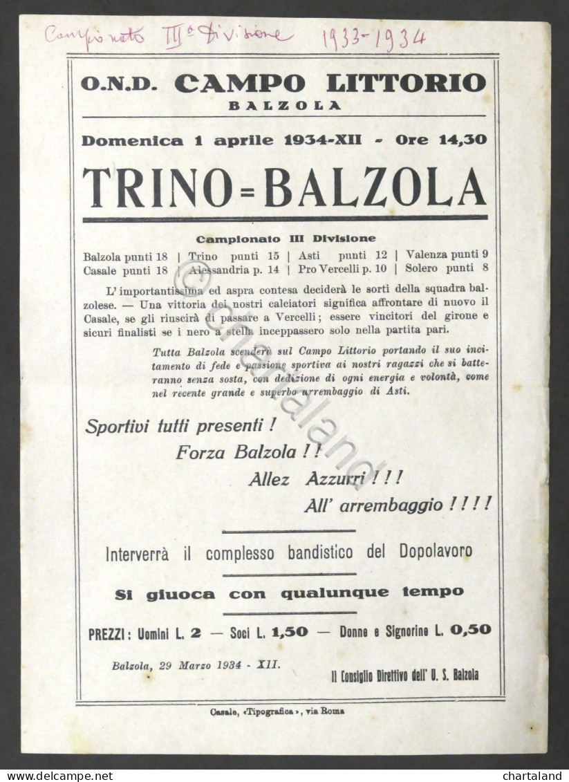 Calcio - Locandina Partita Campionato 3^ Divisione - Trino - U.S. Balzola - 1934 - Altri & Non Classificati