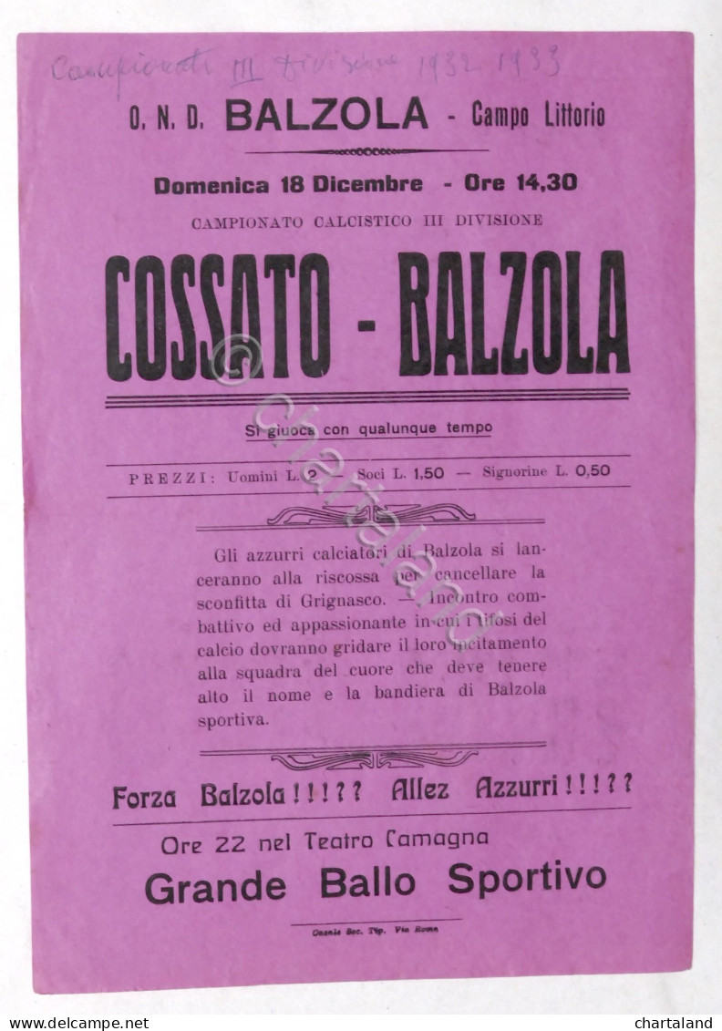 Calcio Locandina Partita 3^ Divisione - Cossato - U.S. Balzola - 1932 - Altri & Non Classificati