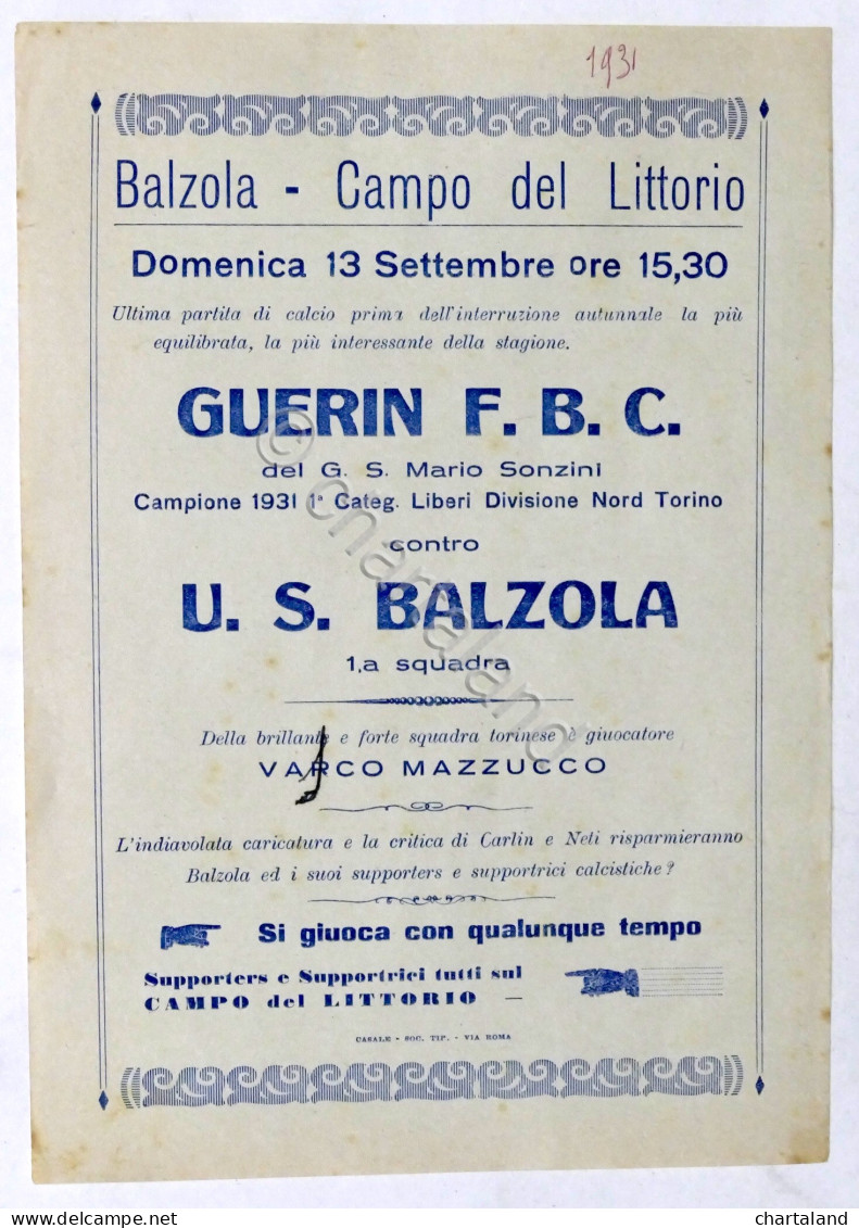 Calcio - Locandina Partita Guerin F.B.C. - U.S. Balzola - 1931 - Altri & Non Classificati