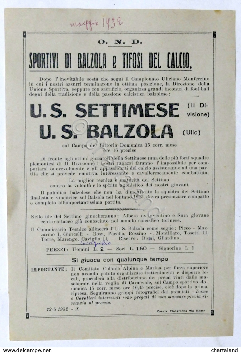 Calcio - Locandina Partita U.S. Settimese - U.S. Balzola - 1932 - Altri & Non Classificati