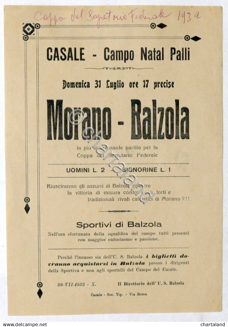 Calcio - Locandina Partita Coppa Segretario Federale: Morano - Balzola - 1932 - Altri & Non Classificati