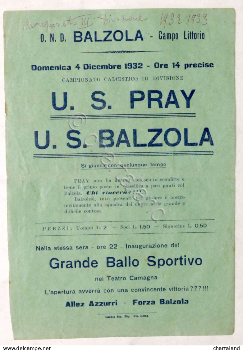 Calcio Locandina Partita 3^ Divisione - U.S. Pray - U.S. Balzola - 1932 - Altri & Non Classificati