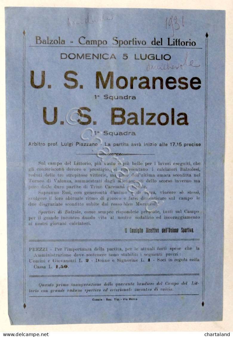 Calcio - Locandina Partita U.S. Moranese - U.S. Balzola - 1931 - Altri & Non Classificati