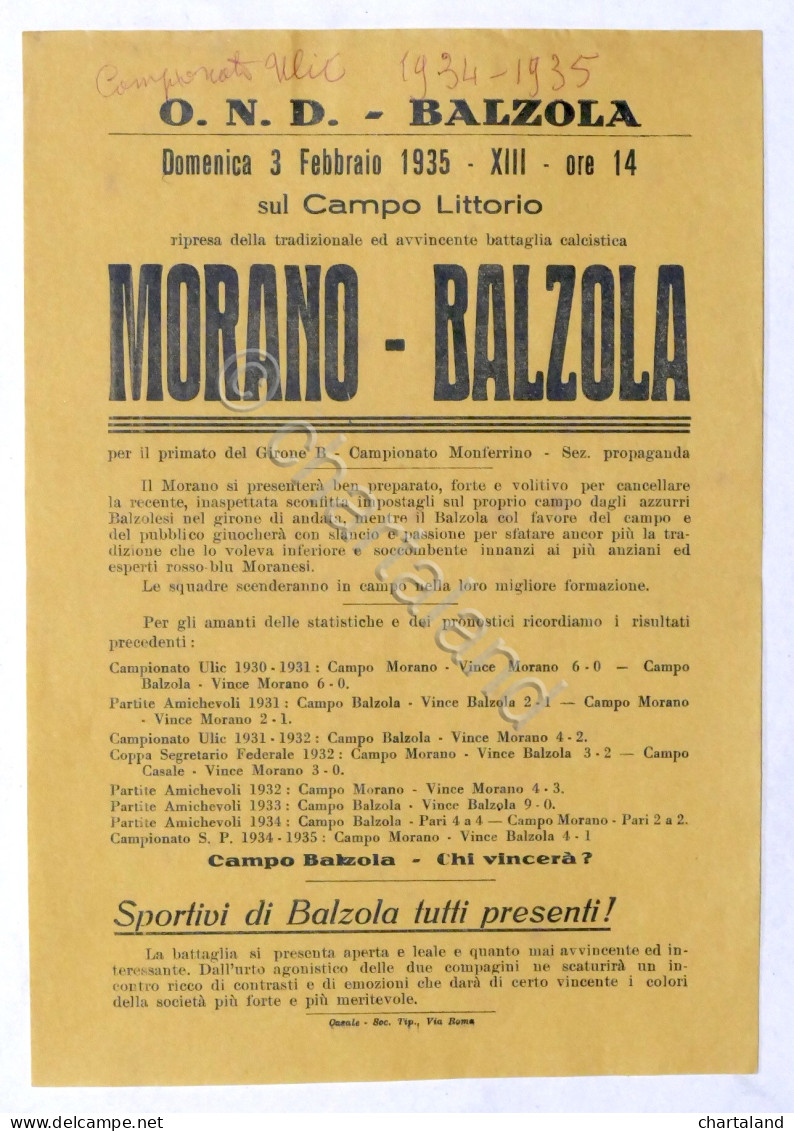 Calcio - Locandina Partita Campionato Monferrino - Morano - Balzola - 1935 - Altri & Non Classificati