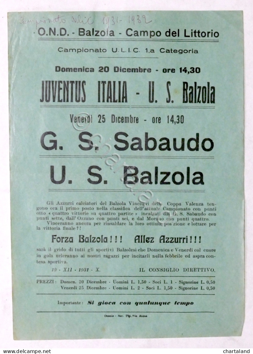 Calcio - Locandina Partita Juventus Italia - U.S. Balzola - 1931 - Altri & Non Classificati