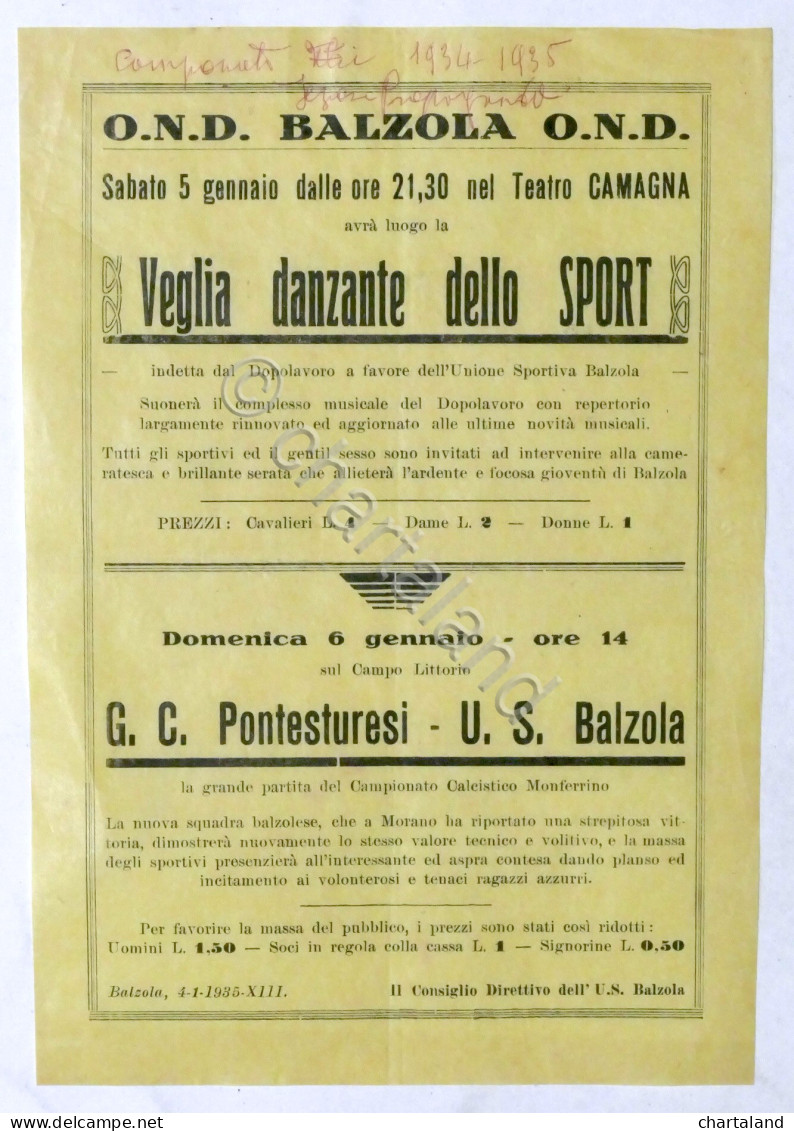 Calcio Locandina Partita Campionato Monferrino: Pontesturesi - U.S. Balzola 1935 - Altri & Non Classificati