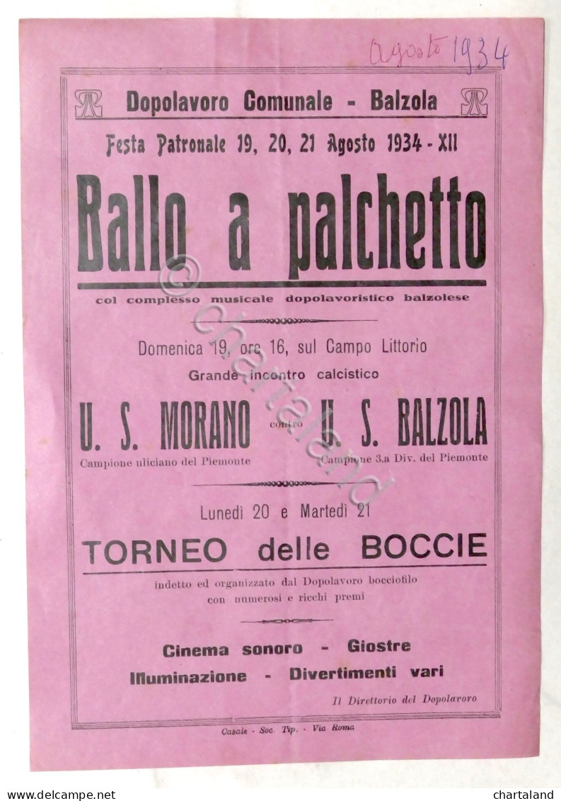 Calcio Locandina Partita U.S. Morano - U.S. Balzola / Ballo A Palchetto 1934 - Altri & Non Classificati