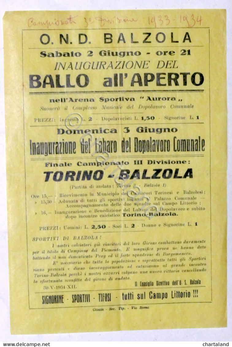 Calcio Locandina Partita Finale 3^ Divisione Torino - U.S. Balzola - 1934 - Altri & Non Classificati