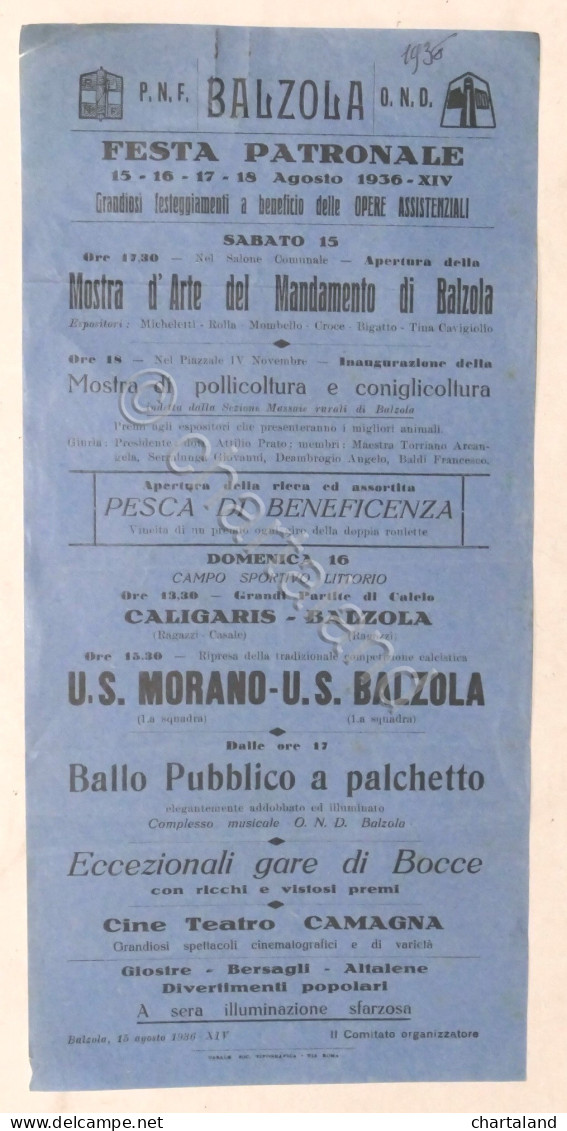 Calcio - Locandina Partita U.S. Morano - U.S. Balzola / Festa Patronale 1936 - Altri & Non Classificati