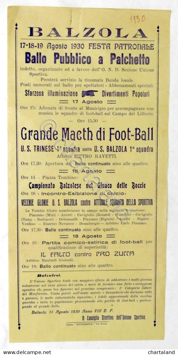 Calcio - Locandina Partita U.S. Trinese - U.S. Balzola / Festa Patronale 1930 - Altri & Non Classificati