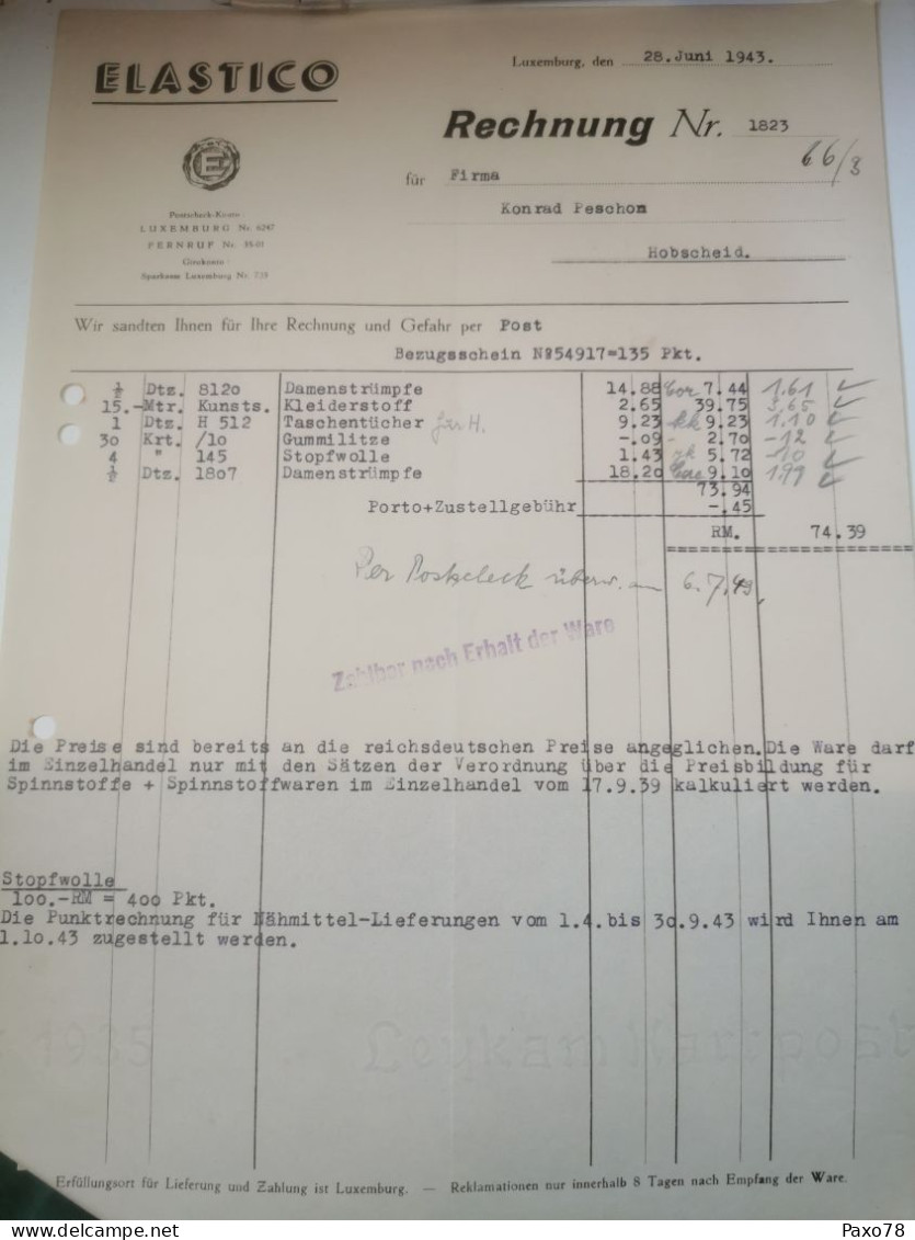 Luxembourg Facture, Elastico 1943 - Luxemburgo