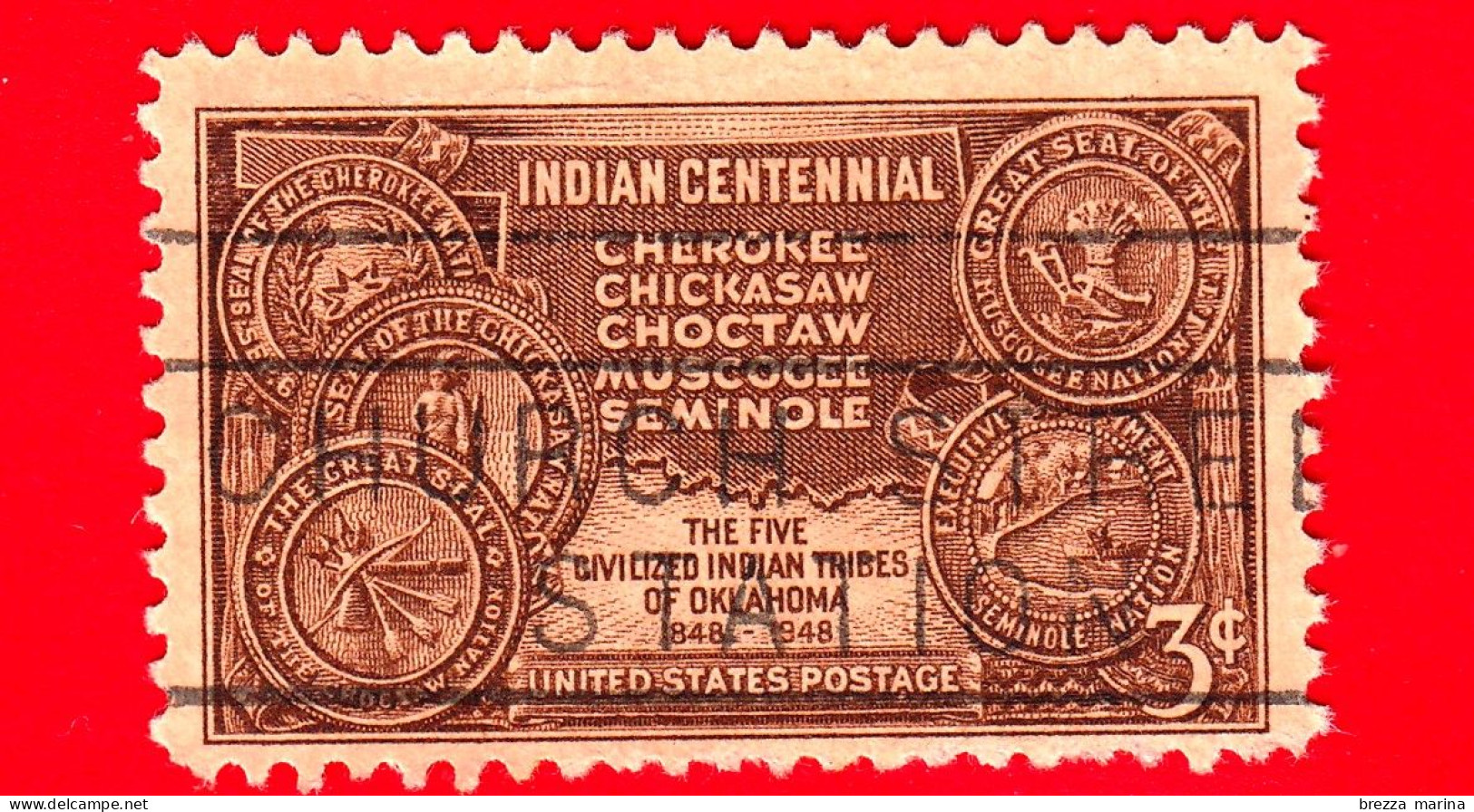 USA - STATI UNITI - Usato - 1948 - Mappa Del Territorio Indiano E Sigilli Delle Cinque Tribù - Arrivo In Oklahoma - 3 - Used Stamps