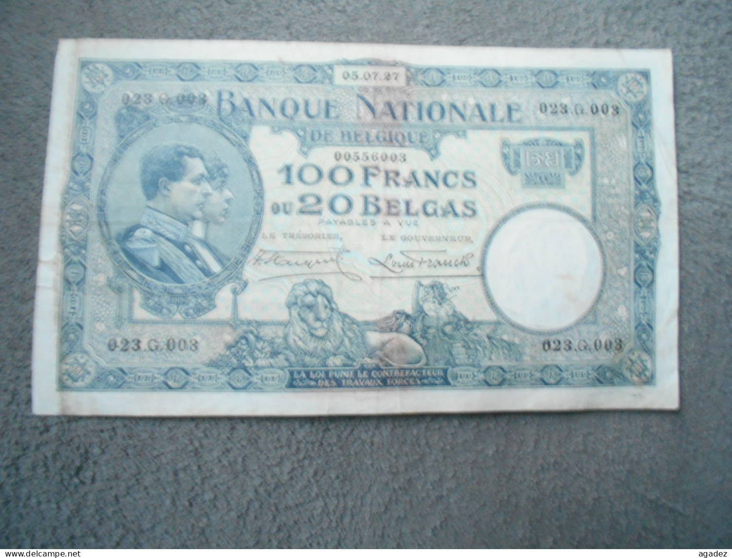 Ancien Billet De Banque Belgique 100 Francs 20 Belgas 1927 - Andere & Zonder Classificatie