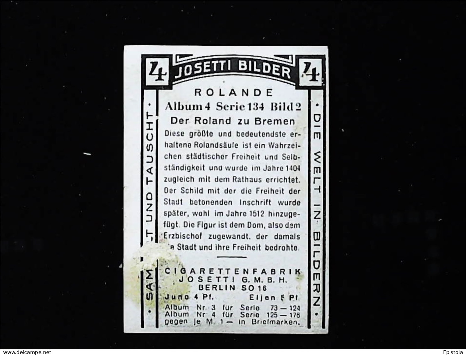 ► De La Série ROLANDE   Statue De Bremen  - Chromo-Image Cigarette Josetti Bilder Berlin Album 4 1920's - Autres Marques