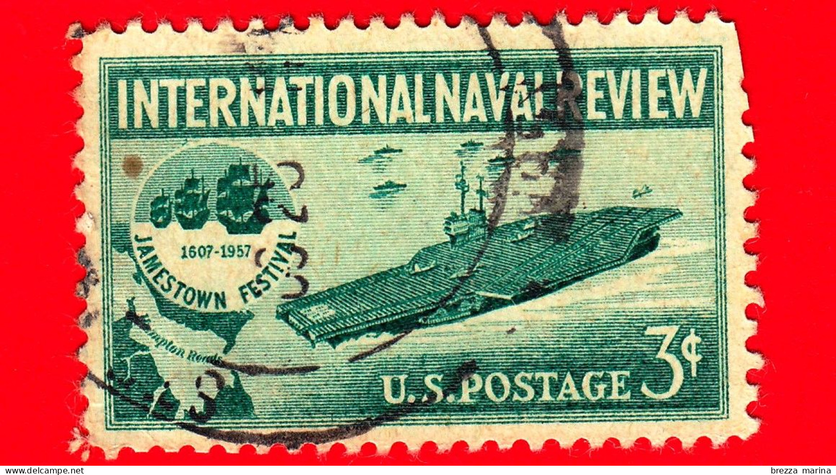 USA - STATI UNITI - Usato - 1957 - Rassegna Navale Internazionale - Portaerei Ed Emblema Del Jamestown Festival - 3 - Used Stamps