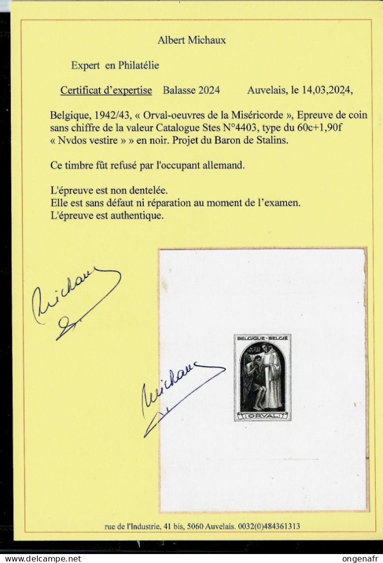 ORVAL: épreuve Du Baron De Stalins -  N° 4403 Catalogue STES  + Certificat Michaux  - RRR - ( 160 Mm X 125 Mm) - Proofs & Reprints