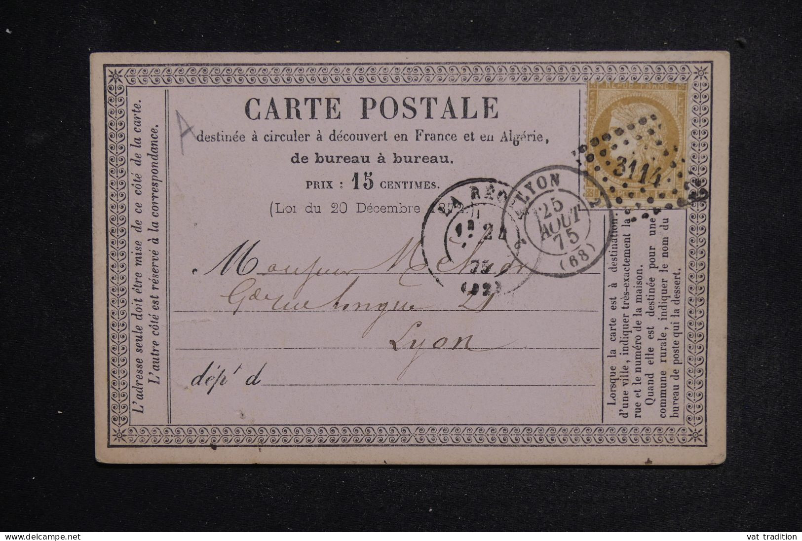 FRANCE - Carte Précurseur De La Réole Pour Lyon En 1875 - L 150672 - Precursor Cards