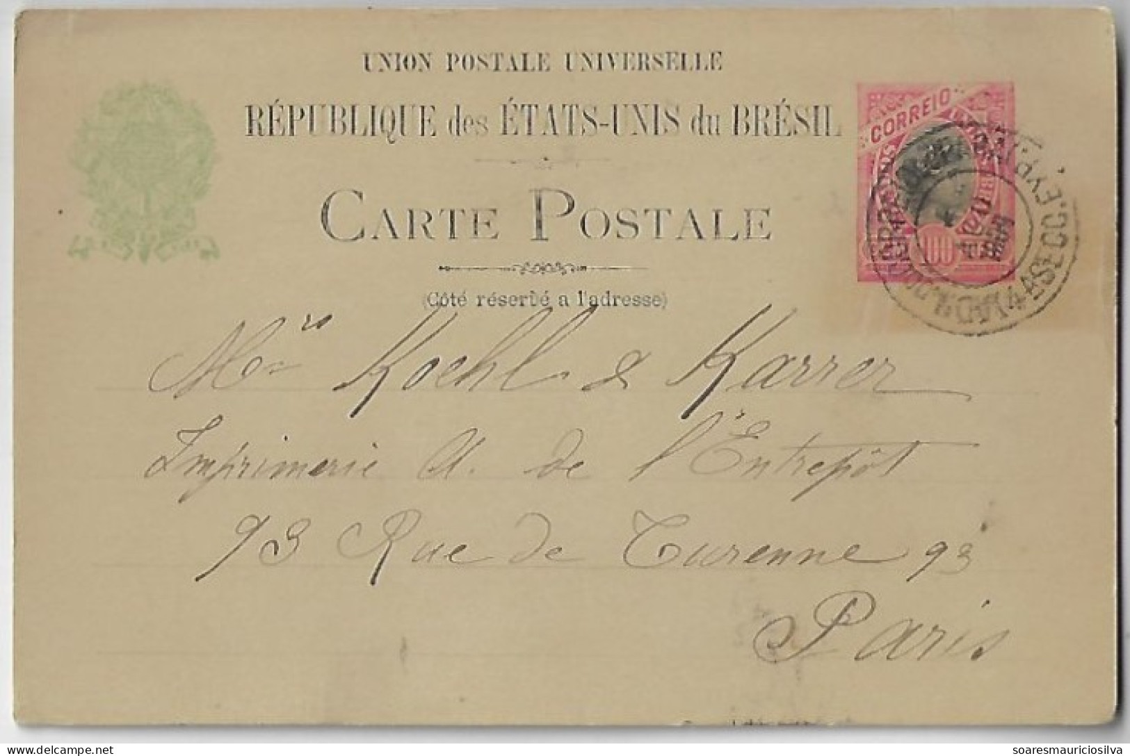 Brazil 1909 Postal Stationery Card From Belém Do Paraá To Paris France Cancel Of The A Philatelica Store By Alberto Rall - Postal Stationery