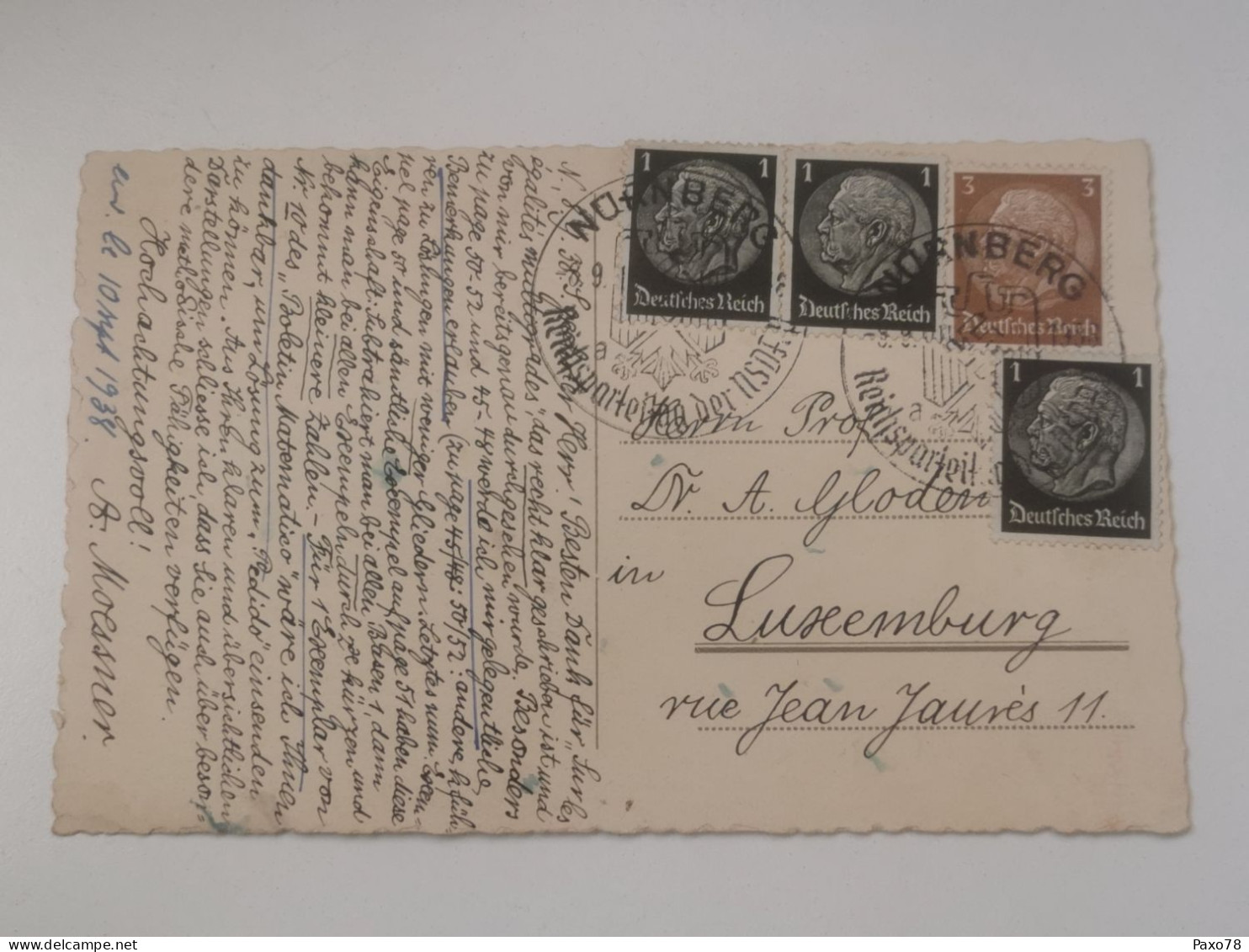 Postkarte, Oblitéré Nurnberg 1938 Envoyé à Luxembourg - 1940-1944 Ocupación Alemana