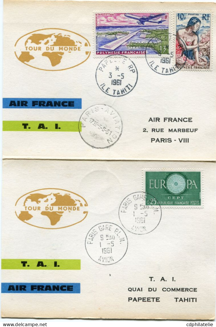 POLYNESIE CARTE " 1-4-5 MAI 1961 PREMIER TOUR DU MONDE FRANCAIS PAR AVION A REACTION AIR FRANCE T. A. I...." DEPART.... - Cartas & Documentos