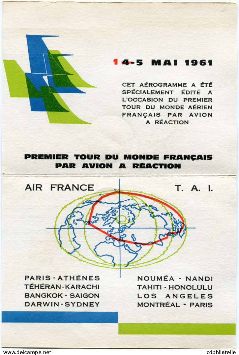 POLYNESIE CARTE " 1-4-5 MAI 1961 PREMIER TOUR DU MONDE FRANCAIS PAR AVION A REACTION AIR FRANCE T. A. I...." DEPART.... - Lettres & Documents