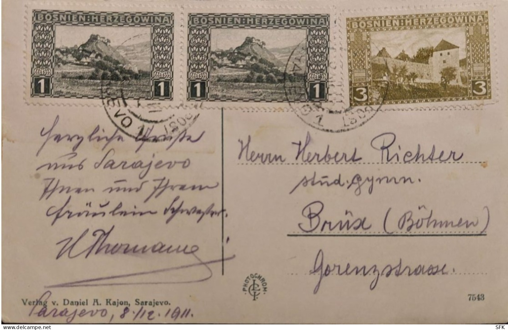 1911 SARAJEVO Mixed Franking  2 X 1 + 3 Heller Benefits Franking For Austria (for CZ),  Benefit Tariff, 5 H. I- 1116 - Bosnia And Herzegovina