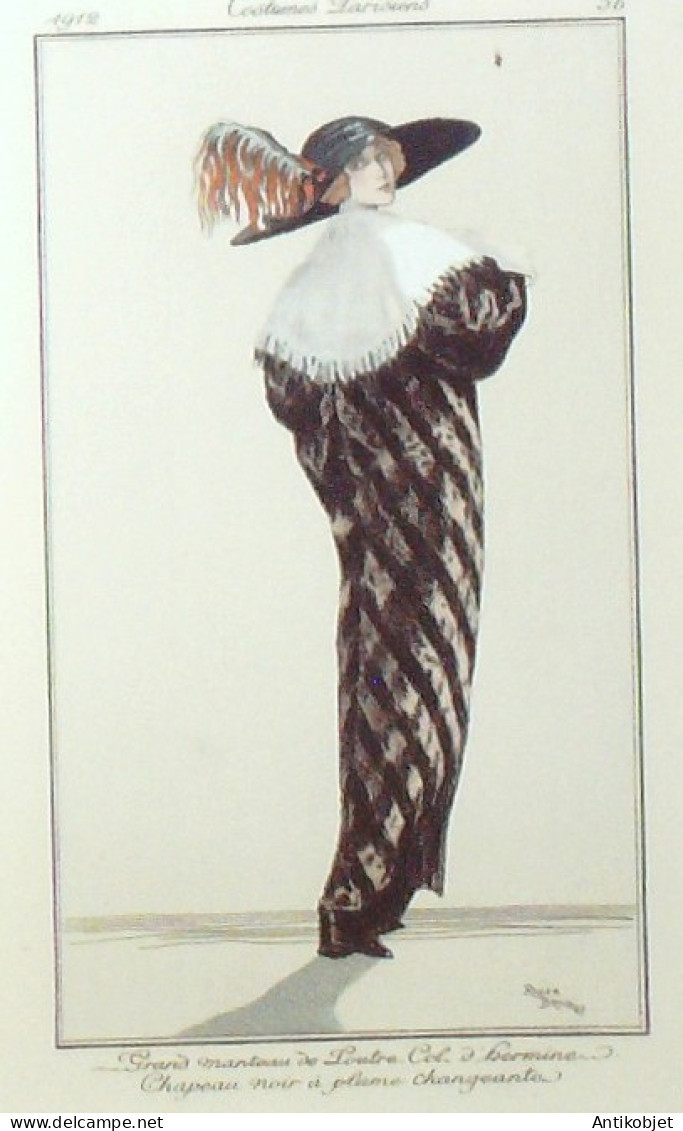 Gravure De Mode Costume Parisien 1912 Pl.36 BRODERS Roger Manteau De Loutre - Eaux-fortes