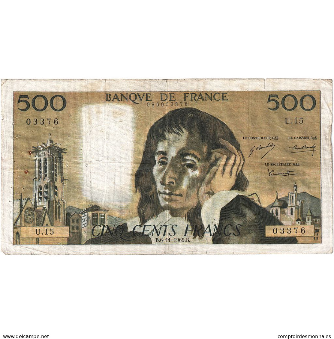 France, 500 Francs, Pascal, 1969, U.15, TB, Fayette:71.4, KM:156a - 500 F 1968-1993 ''Pascal''