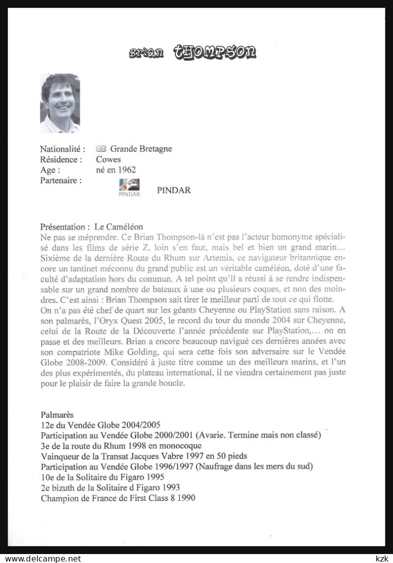 1 19	093	Vendée Globe 2008/09	-	Samantha Davies	&	Brian Thompson 						-	Document Imprimé Recto-verso - Vela