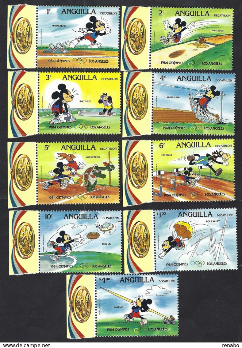 Anguilla 1984: Mickey Mouse - Decathlon “1984 OLYMPICS – 5 Olympic Rings - LOS ANGELES”; Complete Serie From Minisheets - Disney