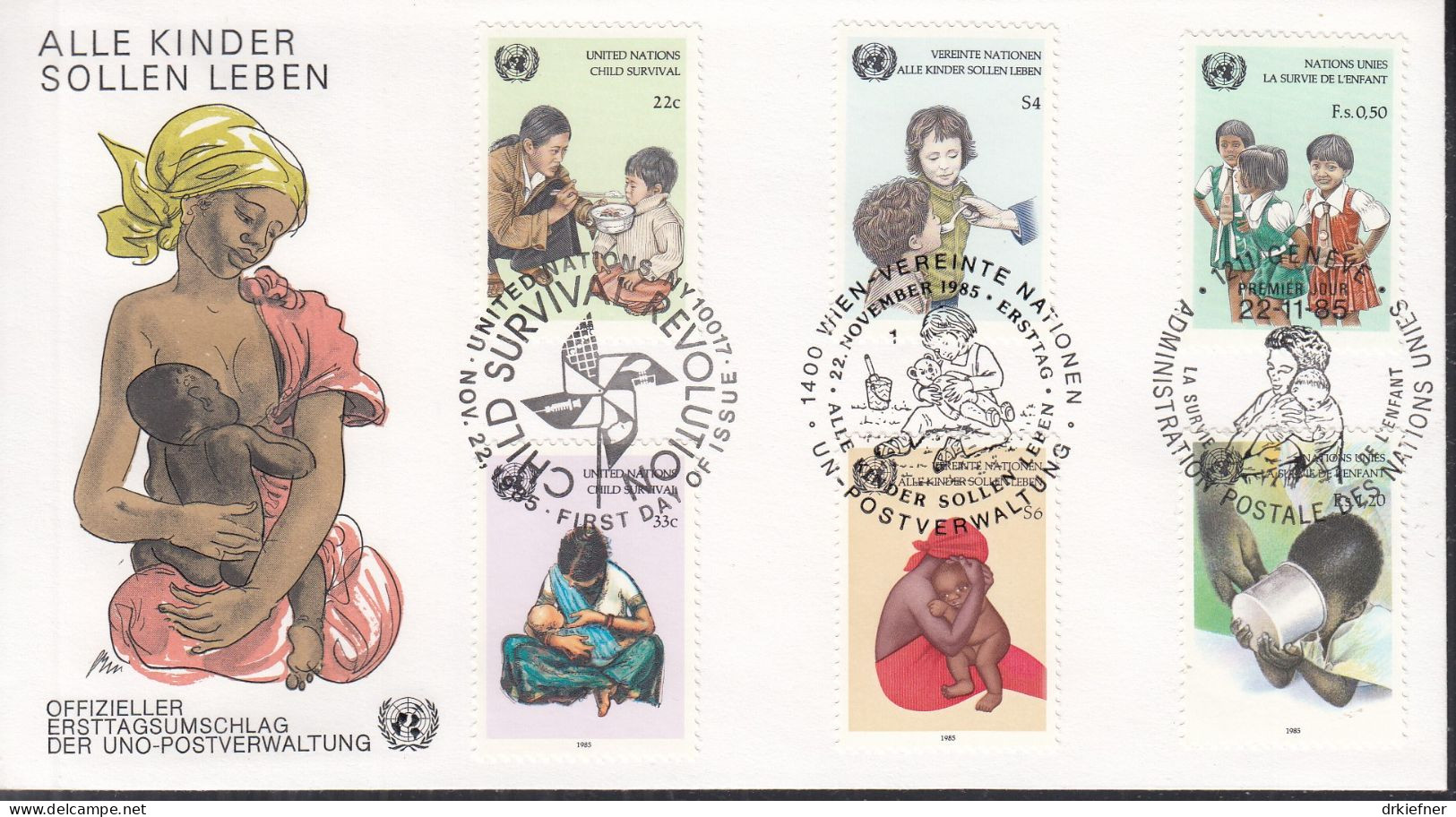 UNO NEW YORK  Trio-FDC 488-489, Mit G + W, UNICEF-Kampagne, 1985 - Gemeinschaftsausgaben New York/Genf/Wien