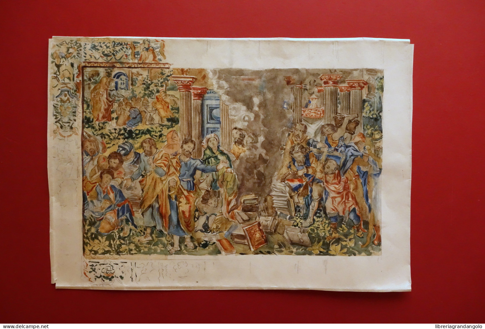 Acquerello Bozzetto San Paolo A Efeso Rogo Di Libri Coecke Van Aelst Fine '800 - Acuarelas