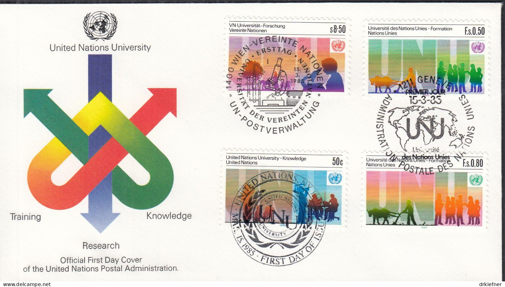 UNO NEW YORK  Trio-FDC 467, Mit G + W, 10 Jahre Uni Der UNO, 1985 - Gezamelijke Uitgaven New York/Genève/Wenen