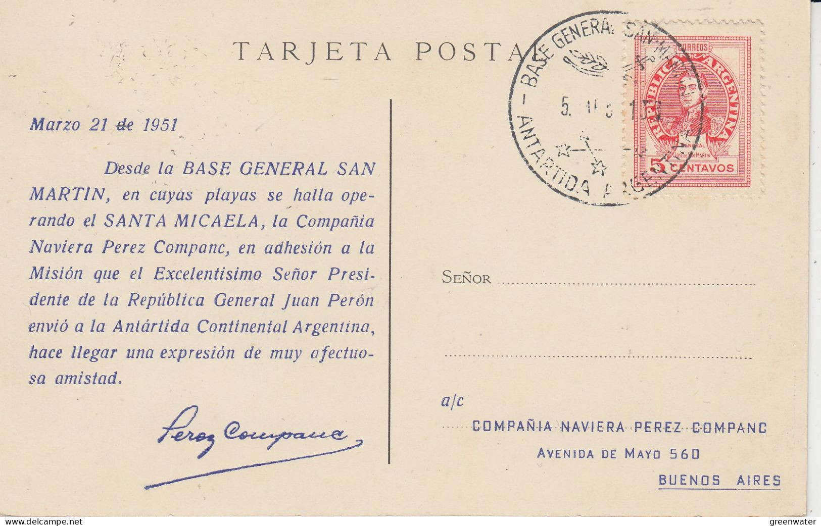 Argentina Postcard Cargo Santa Micaela Ca Base General San Martin 15.05.1951 (ZO181) - Polar Ships & Icebreakers