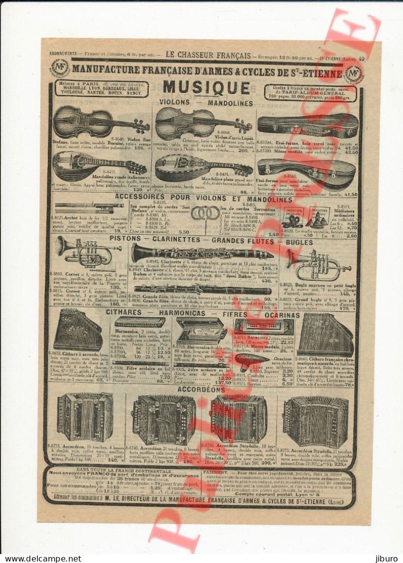 Publicité 1924 Cheminée Portative La Française Poêle à Bois + Musique Instrument Clarinette Cornet Bugle Accordéon - Publicités