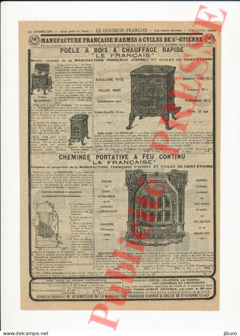 Publicité 1924 Cheminée Portative La Française Poêle à Bois + Musique Instrument Clarinette Cornet Bugle Accordéon - Publicités