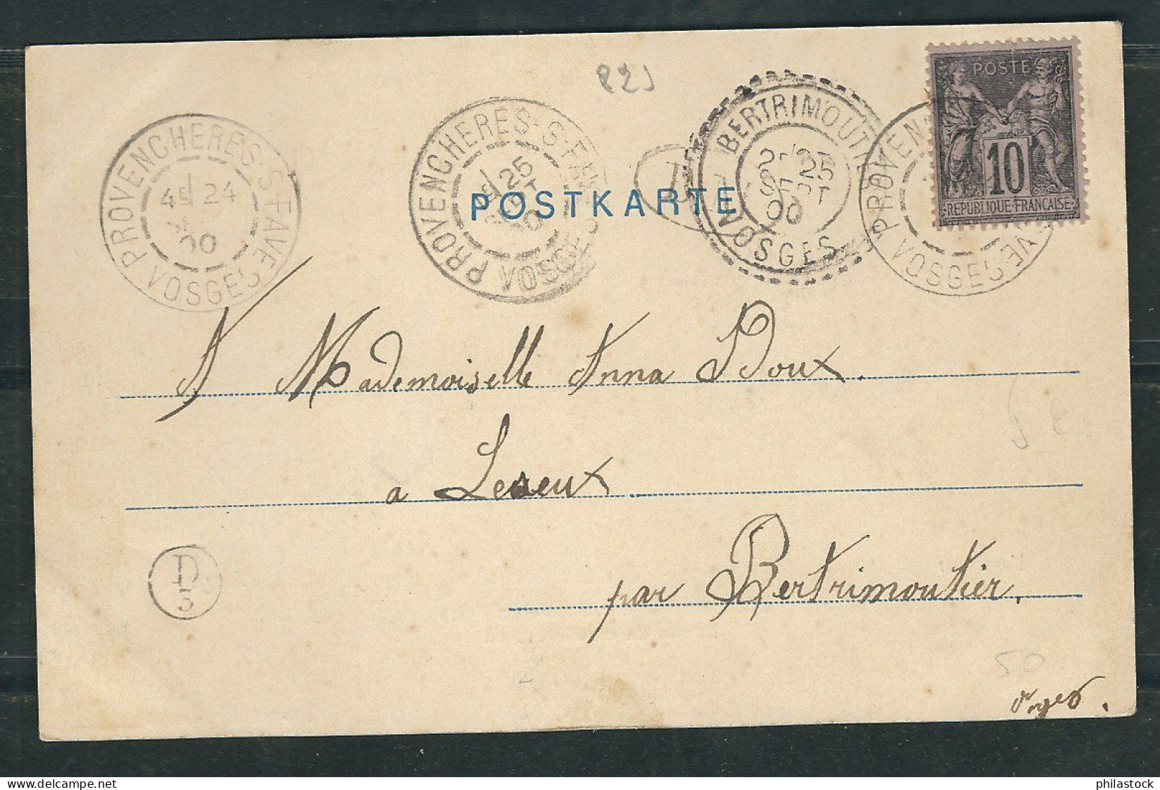 FRANCE 1900  N° 103 Obl. S/CPA  Illustrée Saales C à D Provencheres Pour Bertrimoutier - 1898-1900 Sage (Type III)