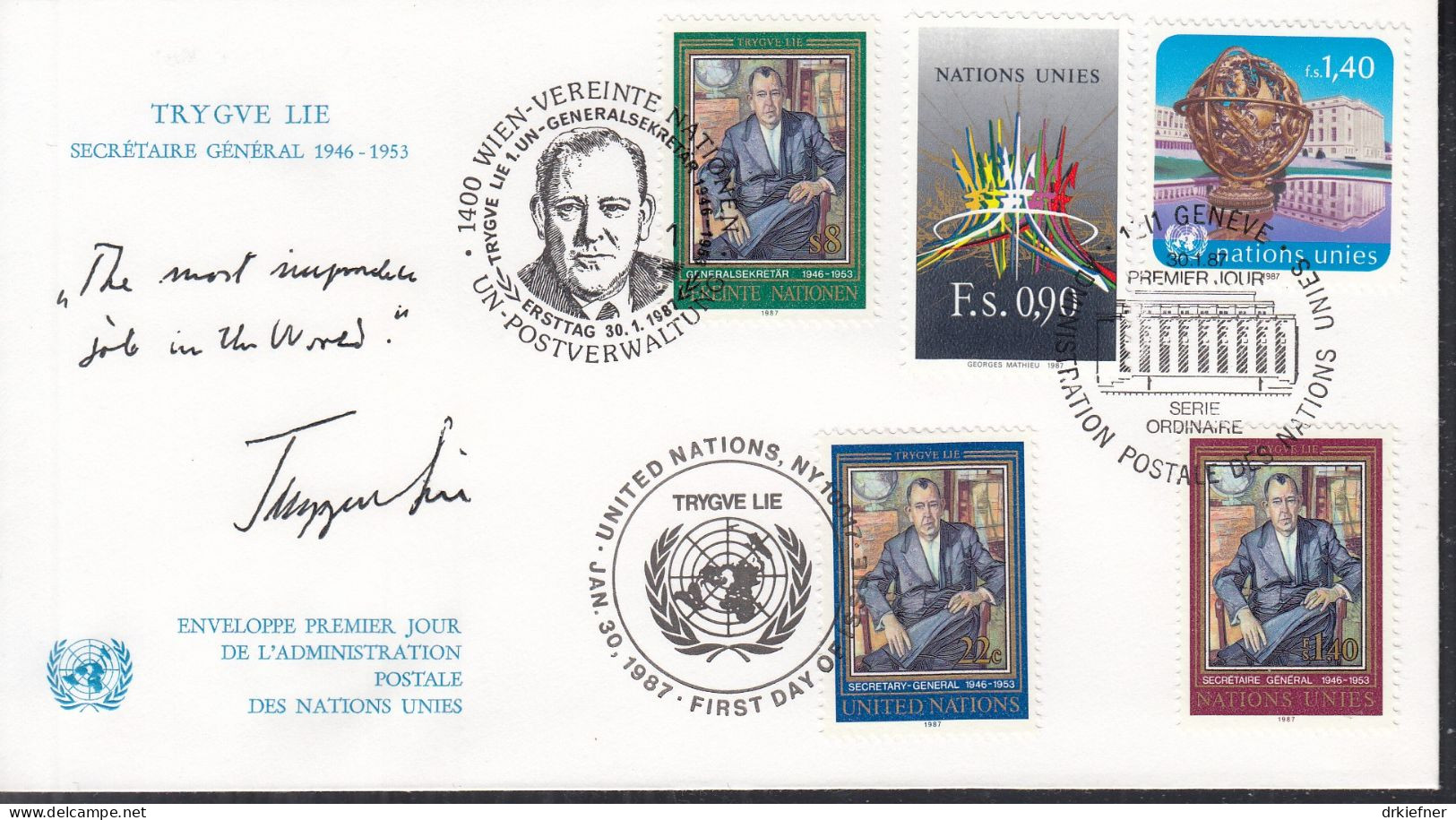 UNO NEW YORK  Trio-FDC 519, Mit G + W, Trygve Lie, 1987 - Gemeinschaftsausgaben New York/Genf/Wien