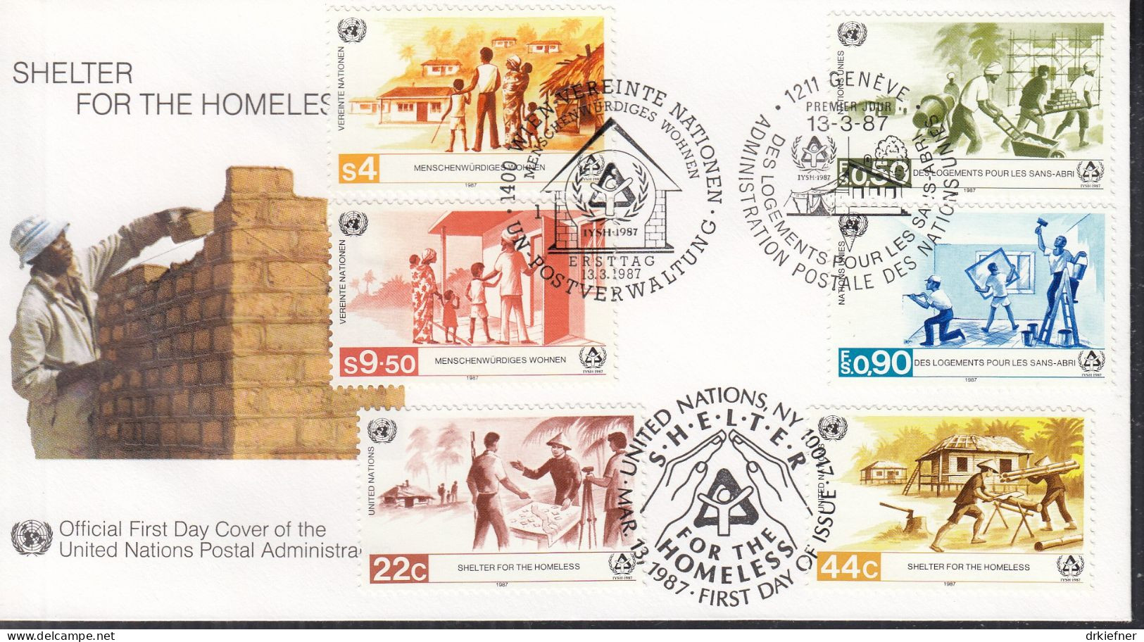 UNO NEW YORK  Trio-FDC 520-521, Mit G + W, Menschenwürdiges Wohnen, 1987 - New York/Geneva/Vienna Joint Issues