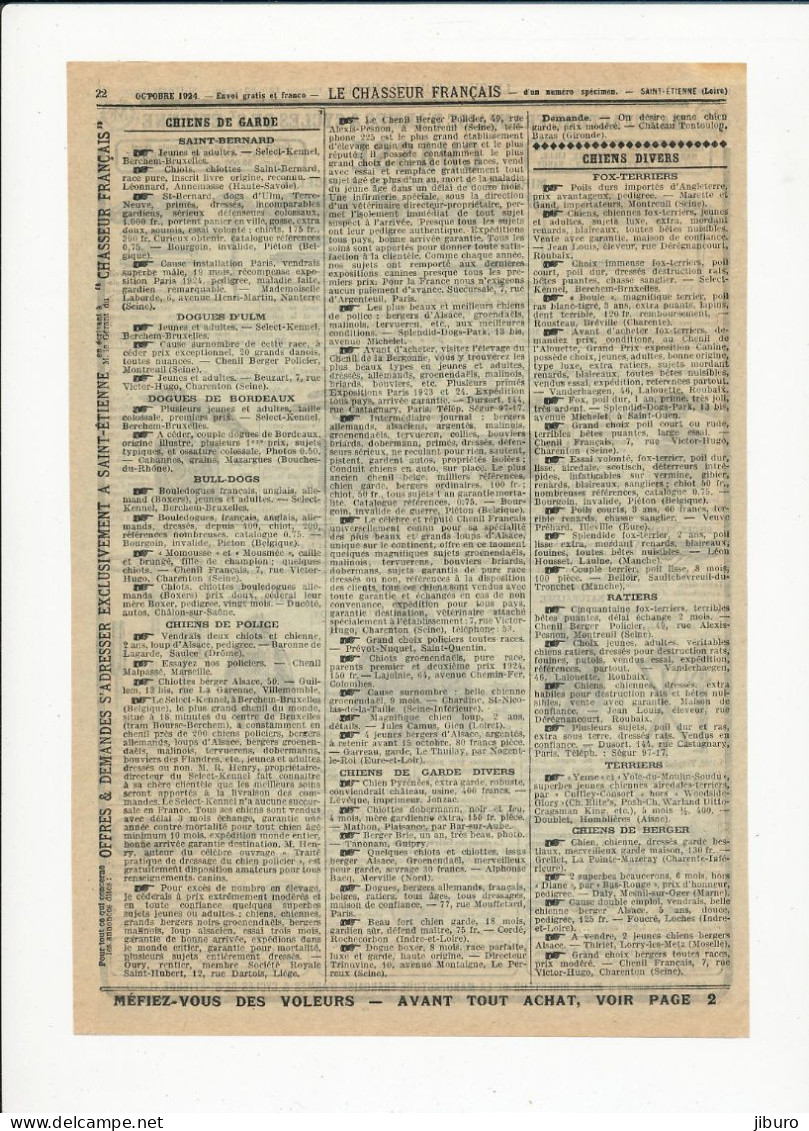 Publicité 1924 Chasse Appeaux Miroir Aux Alouettes Leurre Chouette Grand-duc Oiseau + Chiens De Police Fox-Terriers - Publicités