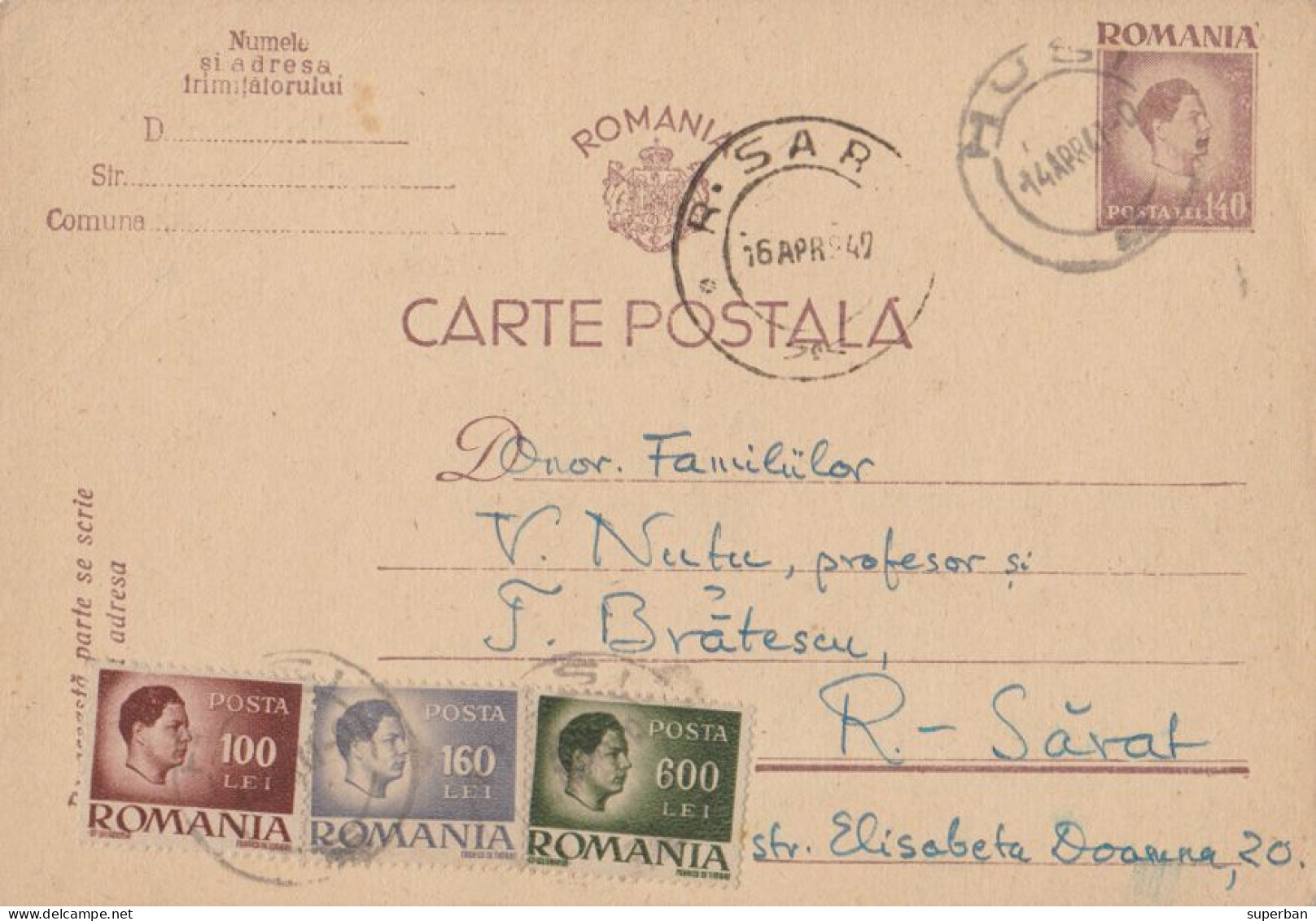 ROUMANIE / ROMANIA - INFLATION PERIOD : 1947 - STATIONERY POSTCARD With ADDED STAMPS - RATE : 1,000 LEI (an321) - Storia Postale