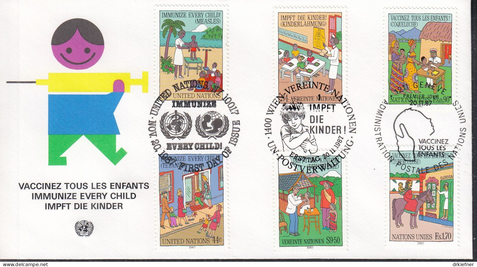 UNO NEW YORK  Trio-FDC 542-543, Mit G + W, Kinderschutzimpfung, 1987 - Gezamelijke Uitgaven New York/Genève/Wenen