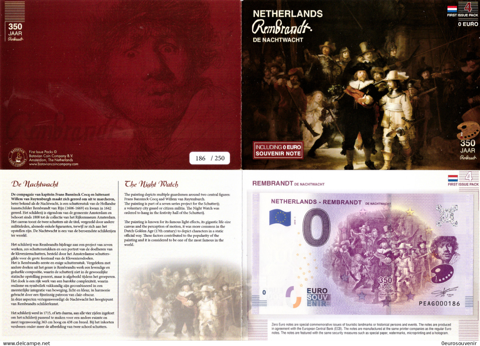 0-Euro PEAG 2019-1 NETHERLANDS - REMBRANDT - DE NACHTWACHT First Issue Pack No. Nur Bis #250 ! - Essais Privés / Non-officiels