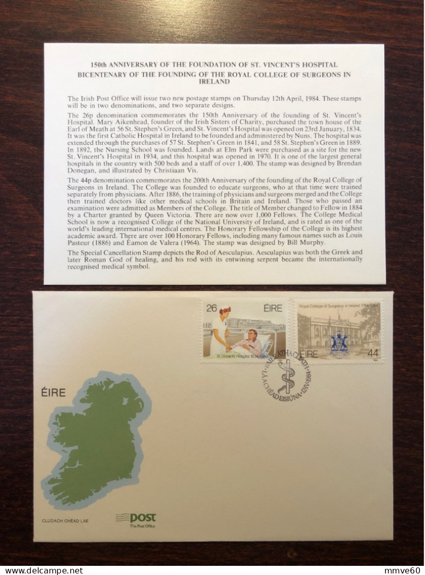 IRELAND FDC COVER 1984 YEAR HOSPITAL COLLEGE OF SURGEONS HEALTH MEDICINE STAMPS - FDC