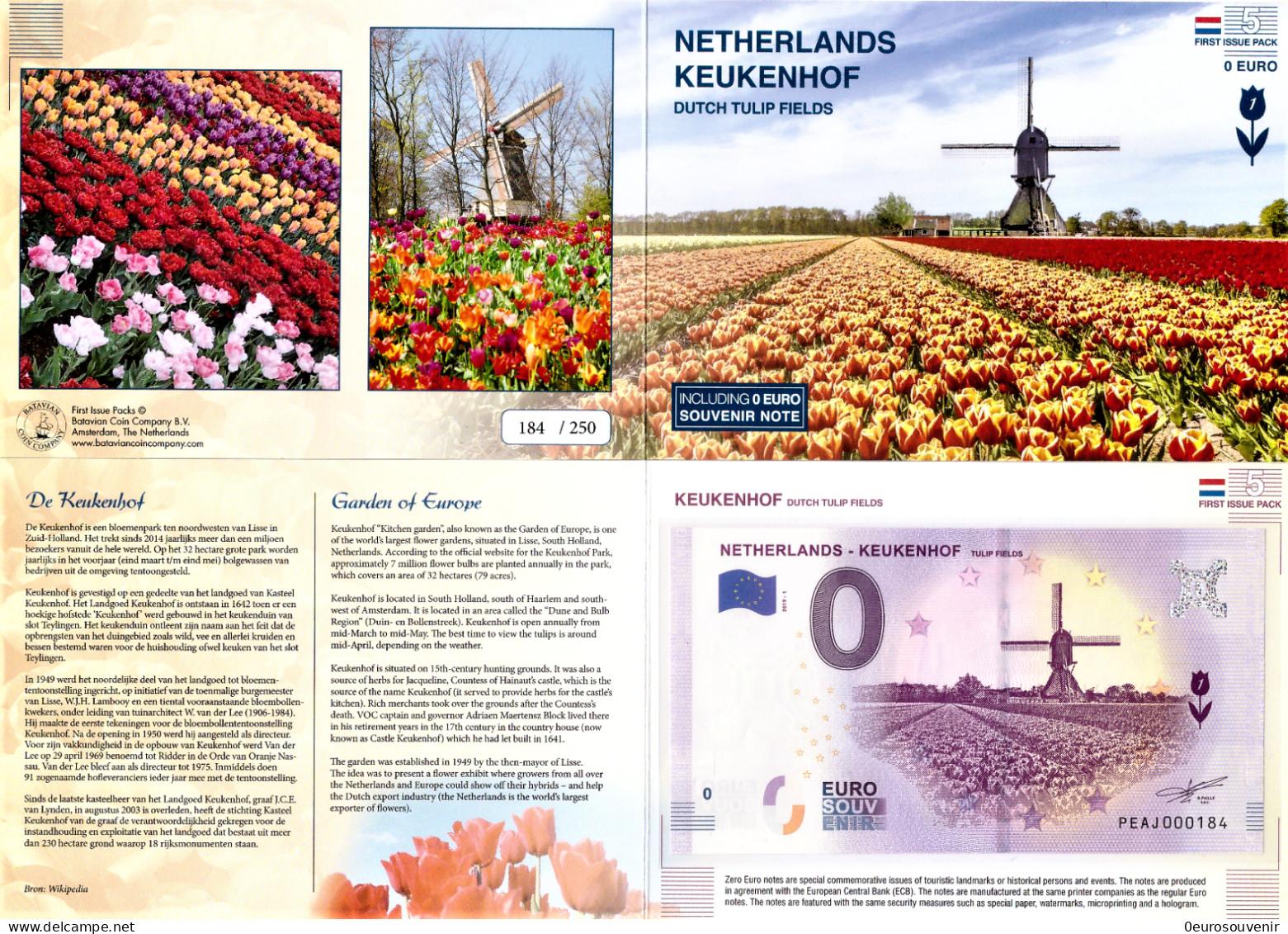 0-Euro PEAJ 2019-1 NETHERLANDS - KEUKENHOF - TULIP FIELDS First Issue Pack No. Nur Bis #250 ! - Essais Privés / Non-officiels