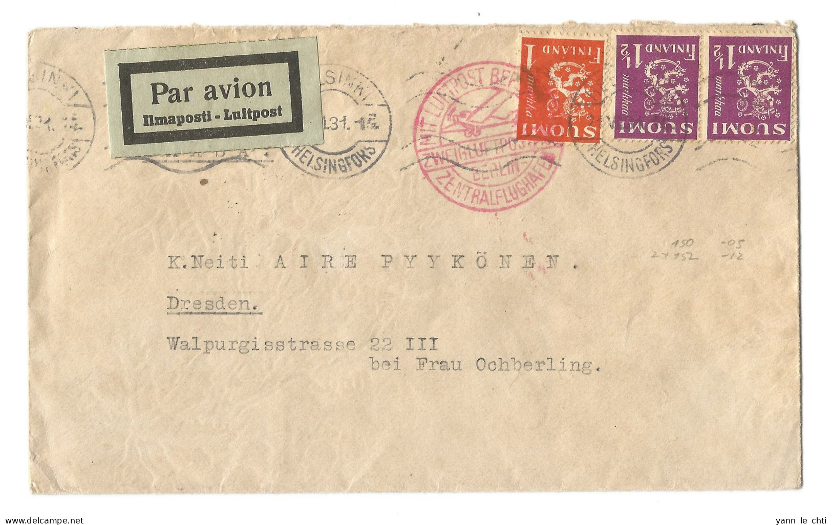 Cover Enveloppe Brief 1931 Helsinki Finland N. Dresden DR Sonderstempel Zentralflughafen Berlin Par Avion - Covers & Documents