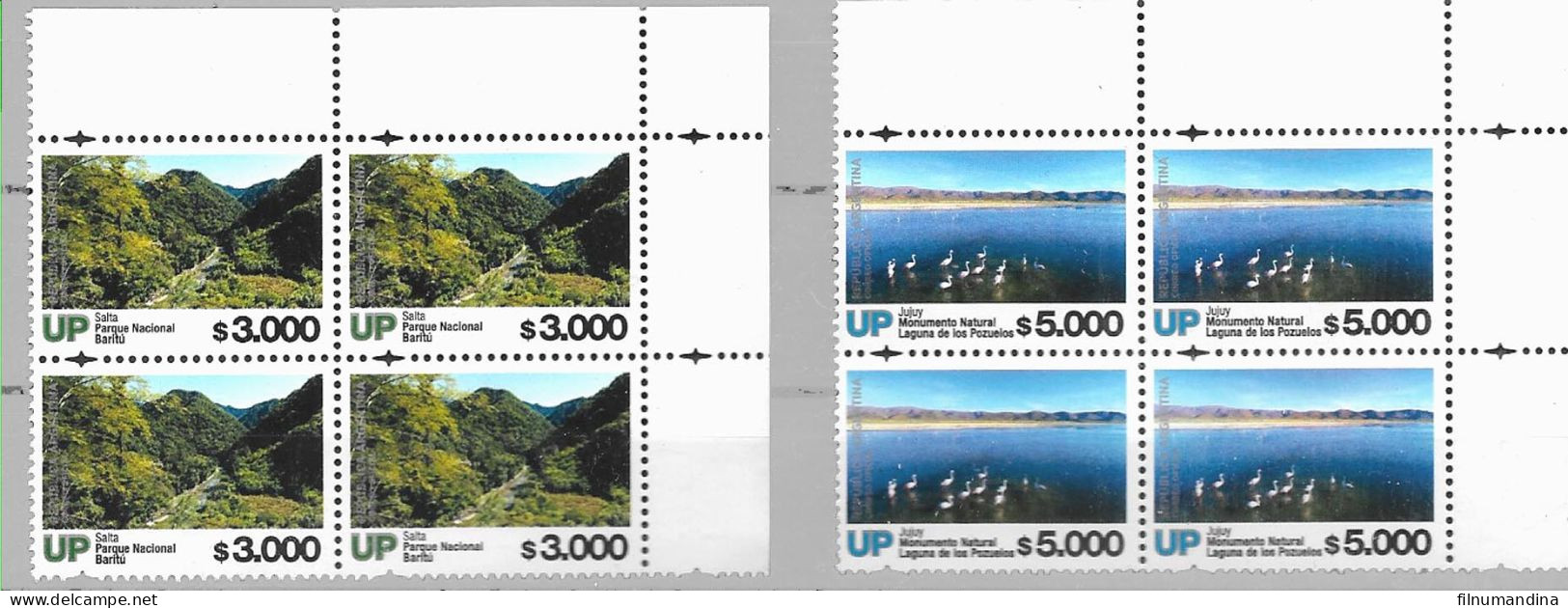 #75369 NEW ISSUE ARGENTINA 2024 NATIONAL PARK BIRDS MOUNTAINS DEFINITIVES 3000-5000 PESOS UP BLOC OF 4 NEW HIGH VALUES - Flamencos