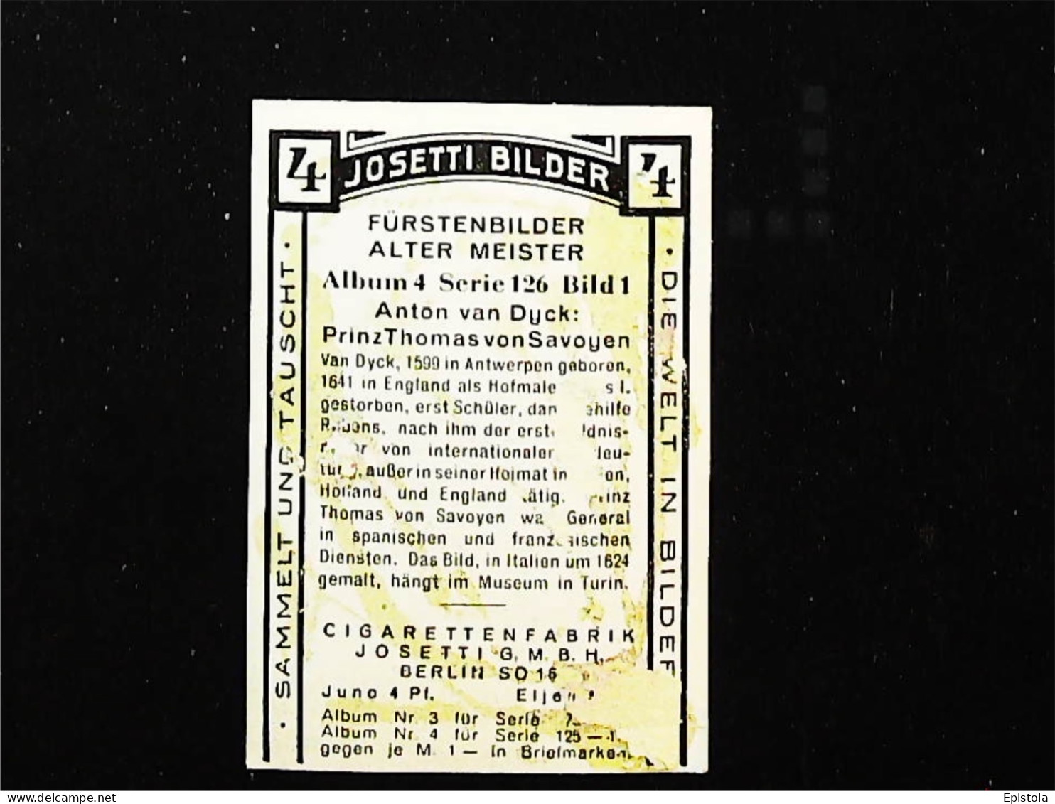 ► Tableau Anton Van Dyck Prinz "Thomas Von Savoyen" - Chromo-Image Cigarette Josetti Bilder Berlin Album 4 1920's - Other Brands